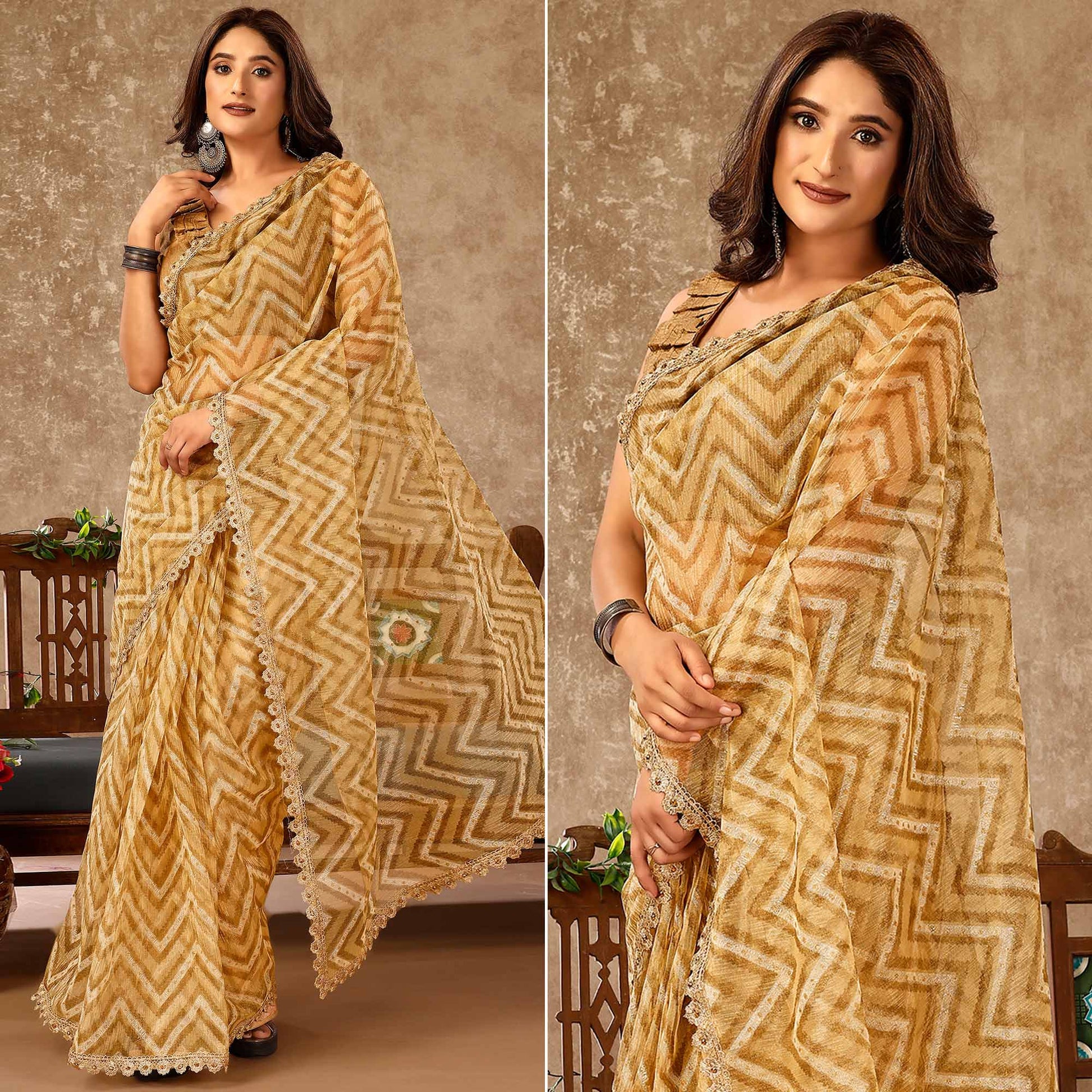Chikoo Zig Zag Printed With Stone Work Organza Ready To Wear Saree