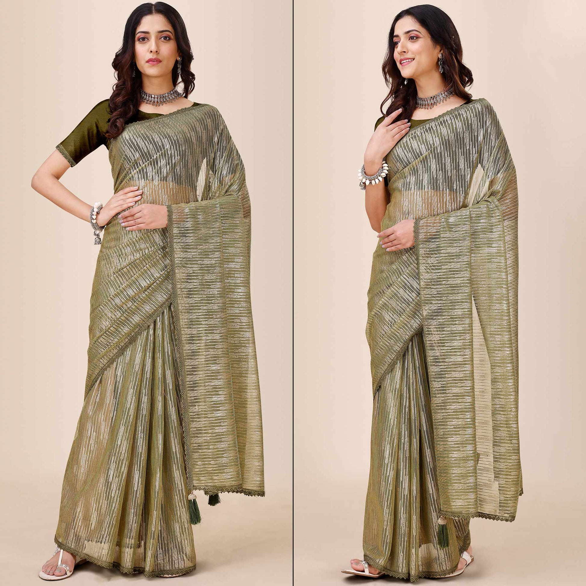 Mehandi Green Foil Printed Lycra Saree