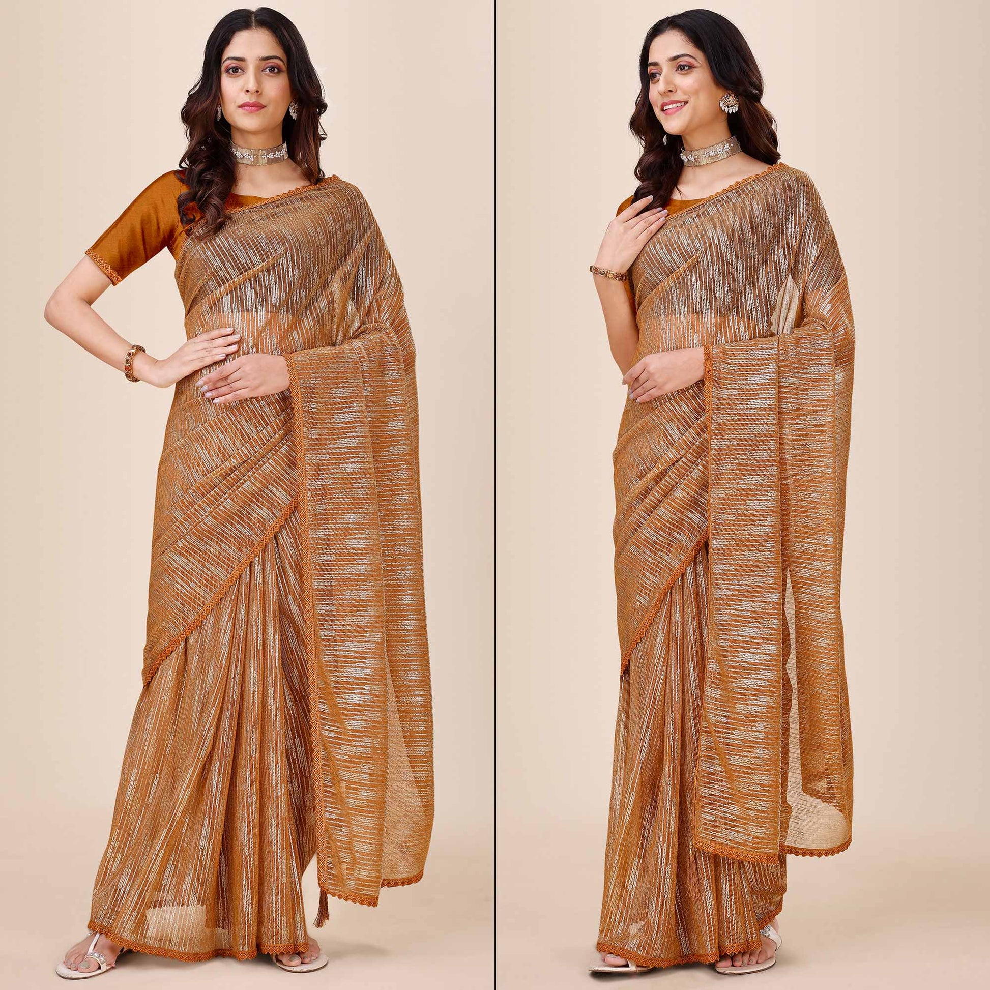 Chikoo Foil Printed Lycra Saree