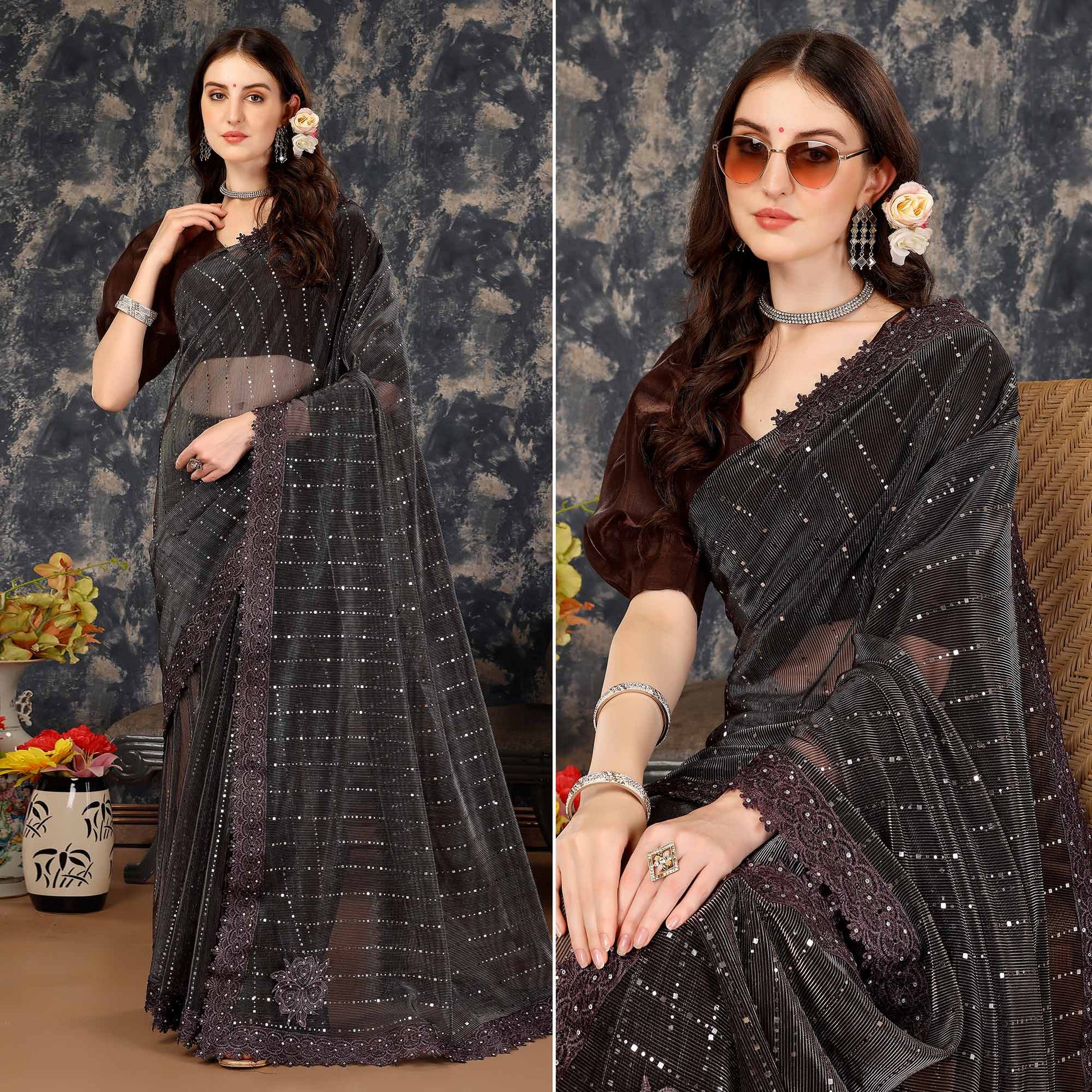 Brown Tikali Work Lycra Saree With Embroidered Lace Border