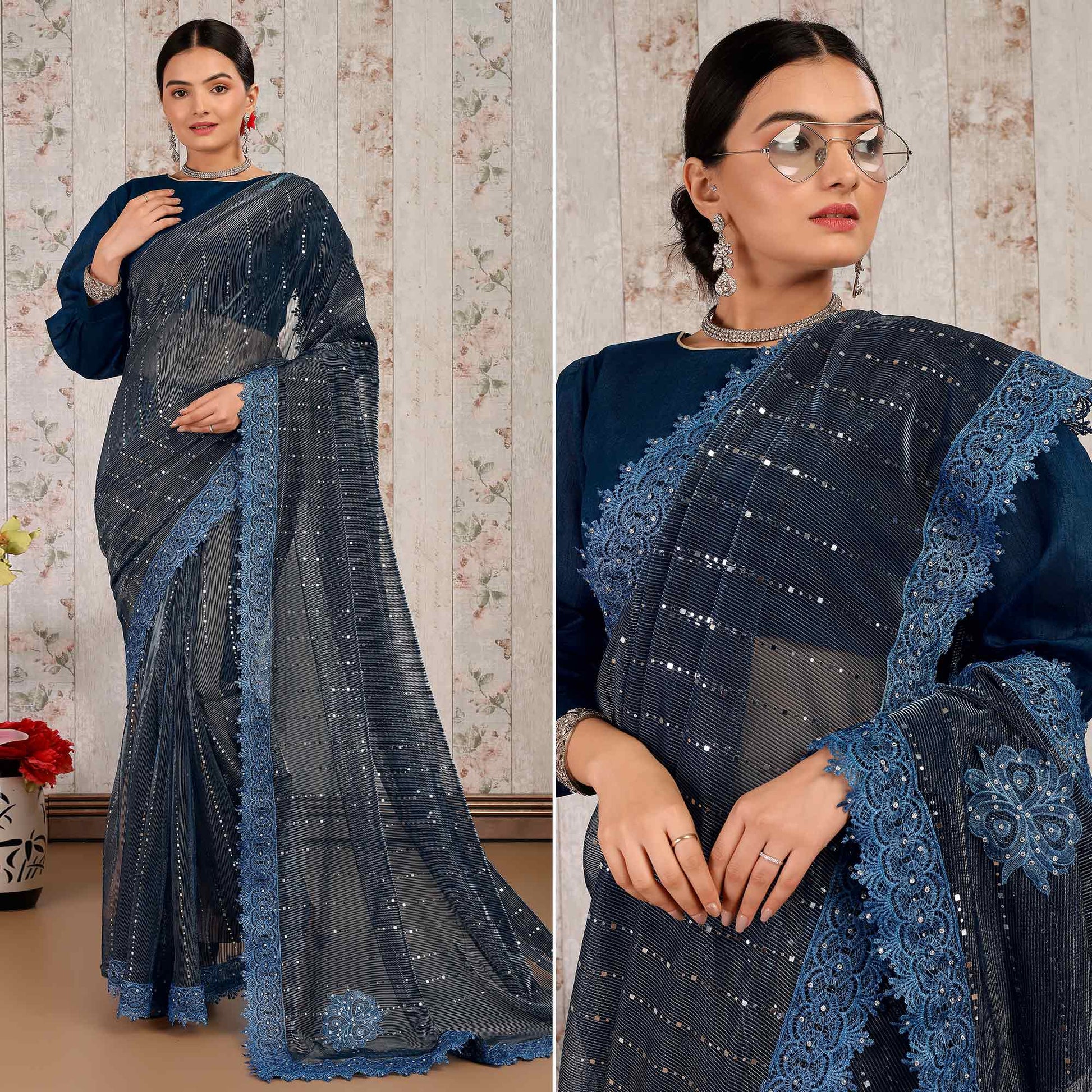 Blue Tikali Work Lycra Saree With Embroidered Lace Border