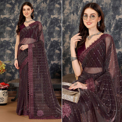 Dark Mauve Tikali Work Lycra Saree With Embroidered Lace Border