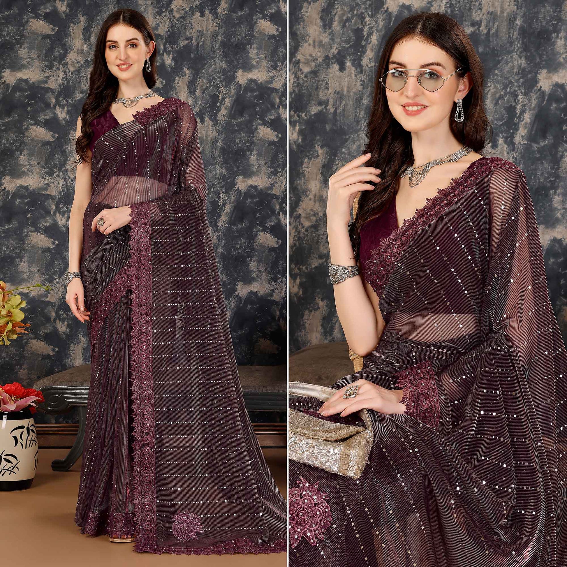 Dark Mauve Tikali Work Lycra Saree With Embroidered Lace Border