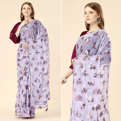 Lavender Floral Foil Printed Rayon Saree