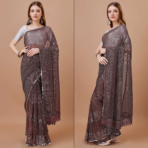 Brown Sequins Embroidered Lycra Saree