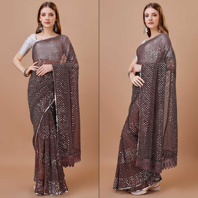 Brown Sequins Embroidered Lycra Saree