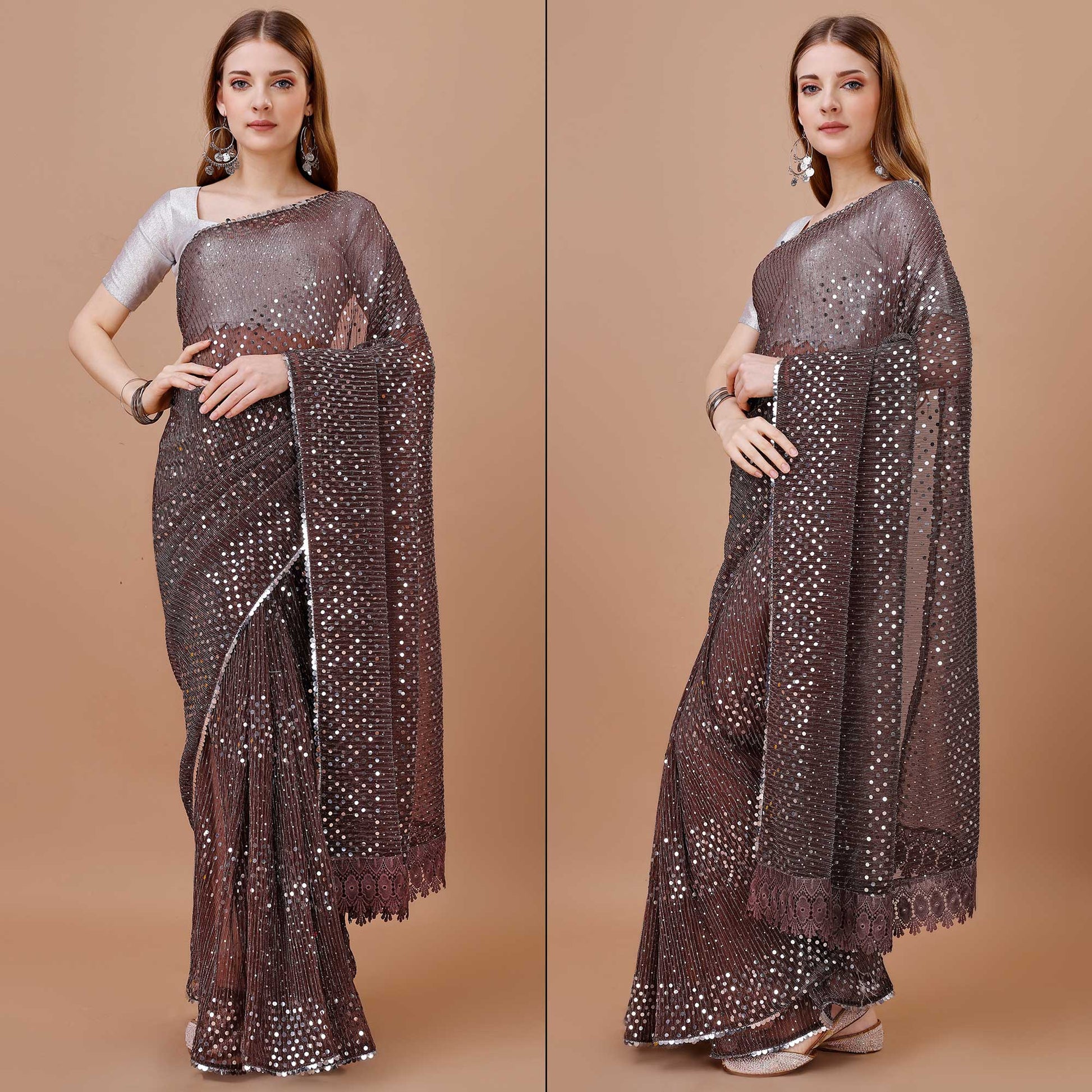 Brown Sequins Embroidered Lycra Saree