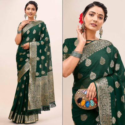 Dark Green Woven Chiffon Saree With Tassels