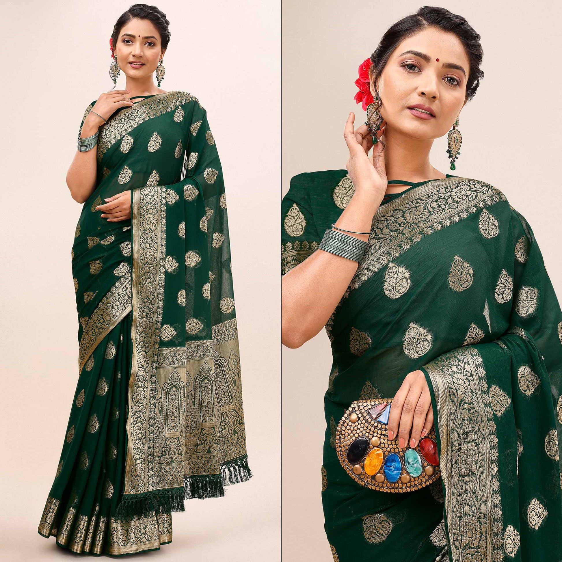 Dark Green Woven Chiffon Saree With Tassels