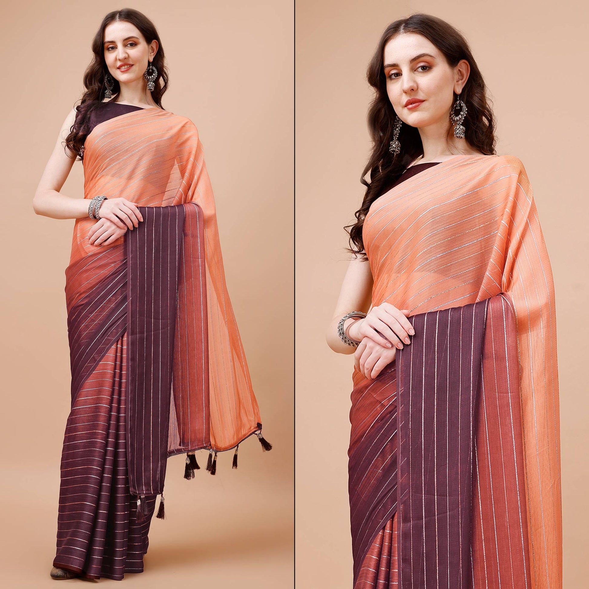 Brown Zari Woven Chiffon Saree