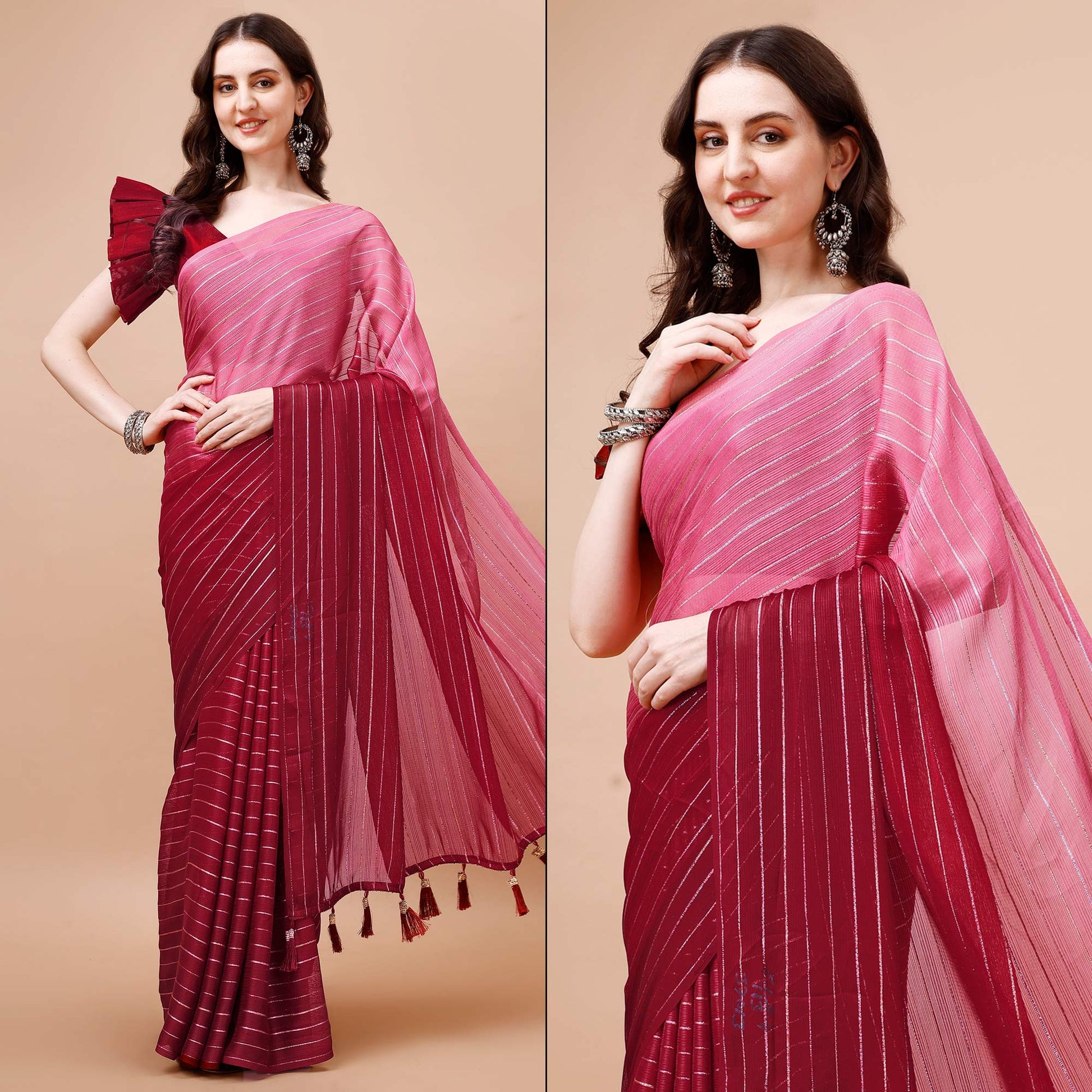 Maroon Zari Woven Chiffon Saree