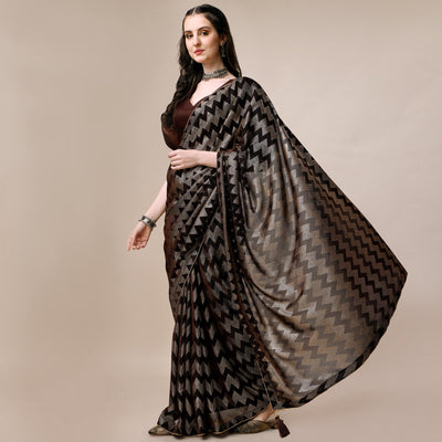 Brown Digital Foil Printed Rayon Saree