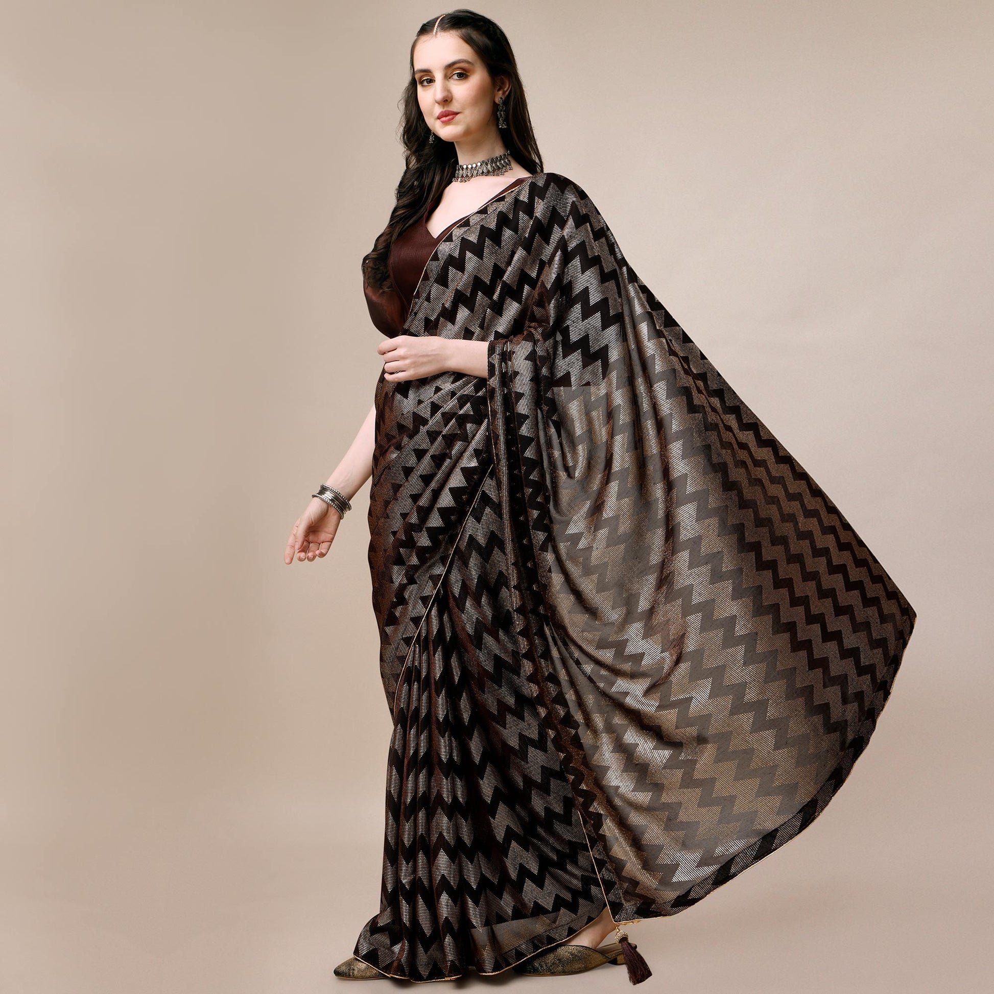 Brown Digital Foil Printed Rayon Saree