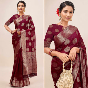 Maroon Woven Chiffon Saree With Tassels