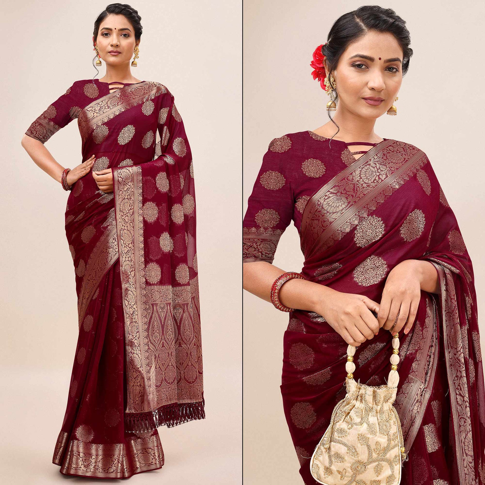 Maroon Woven Chiffon Saree With Tassels