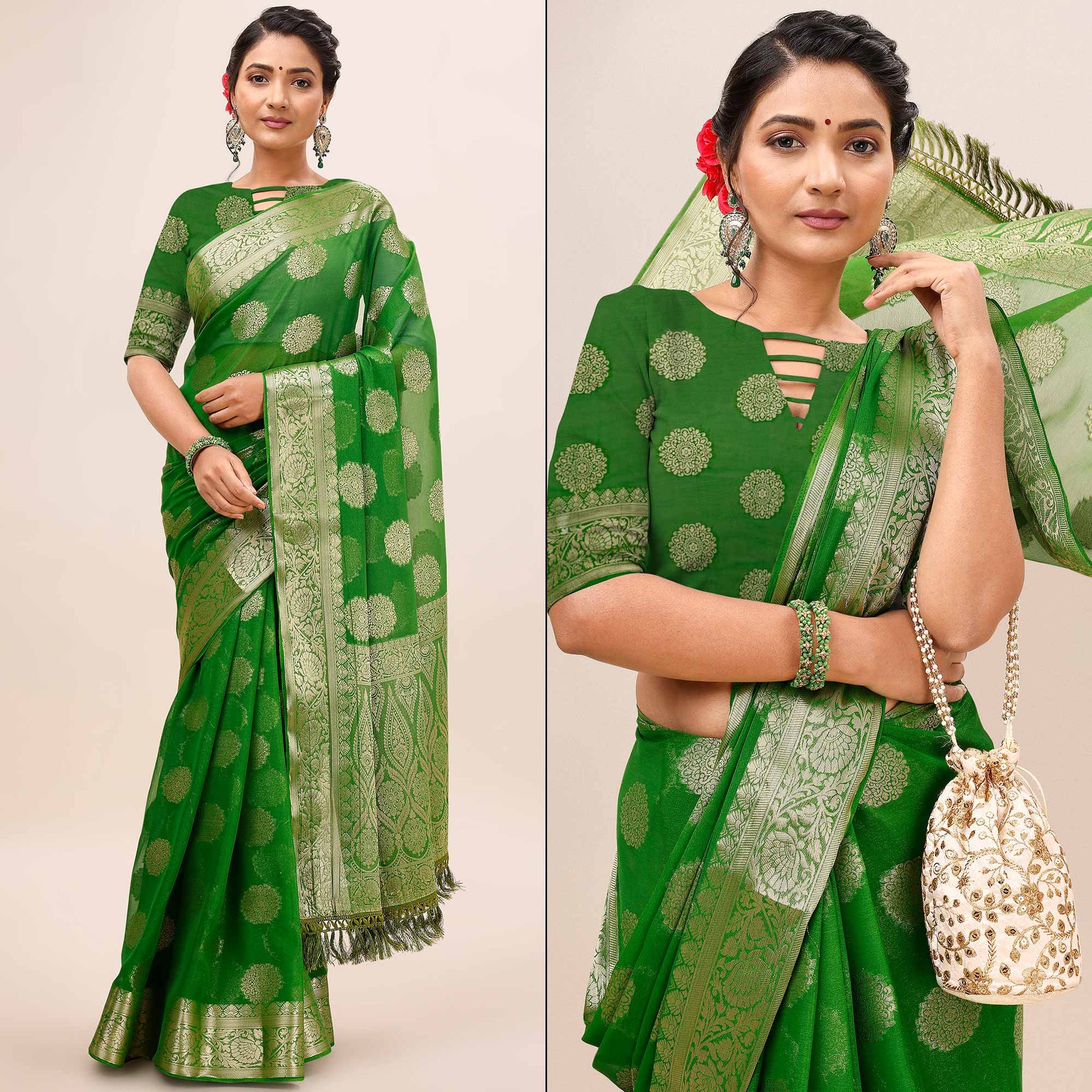 green-woven-chiffon-saree-with-tassels