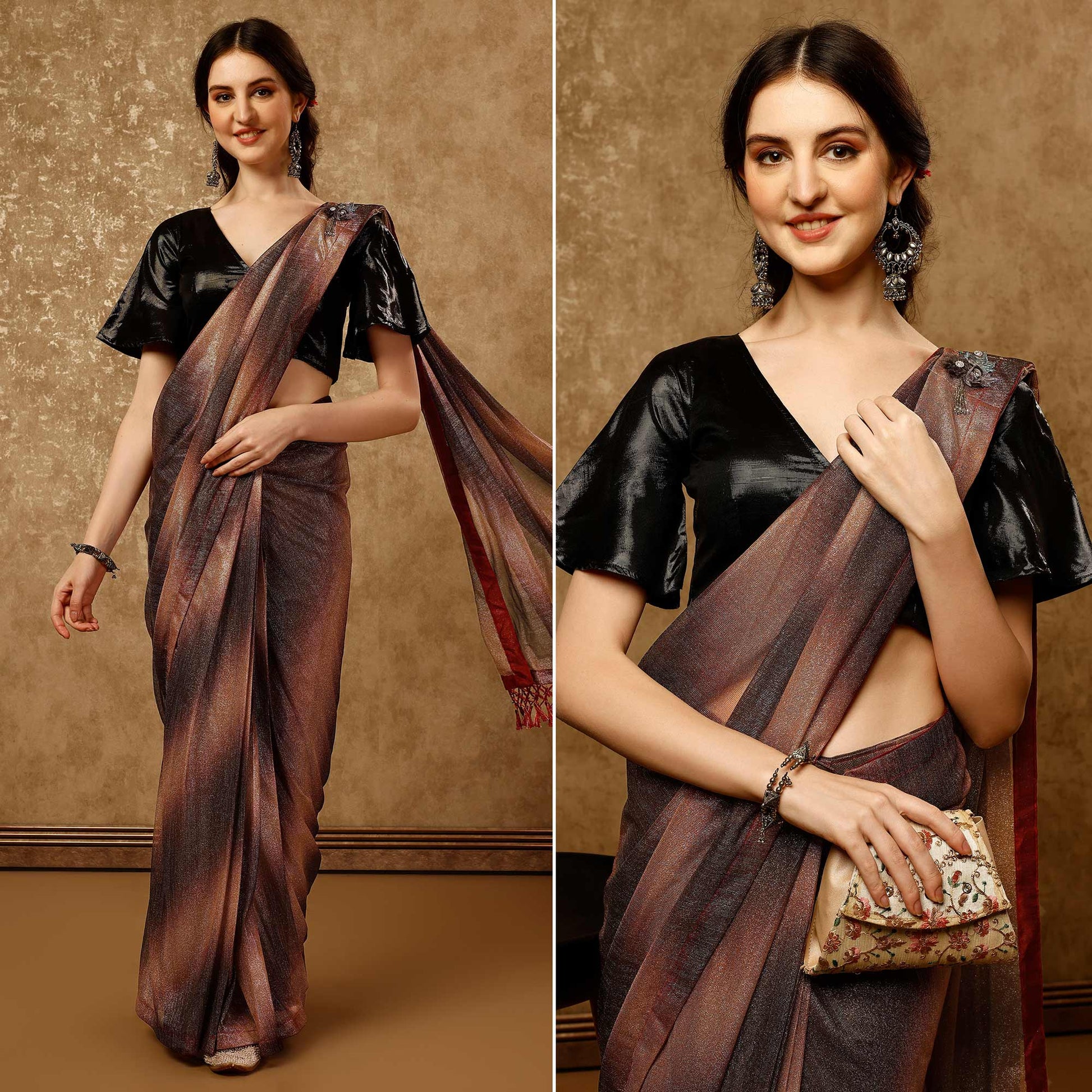 Brown Ombre Printed Lycra Ready To Wear Saree