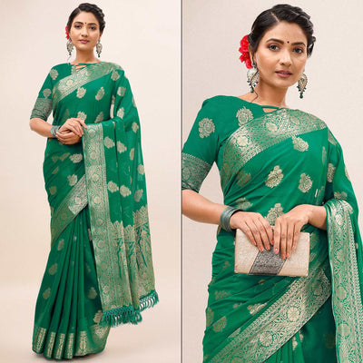 green-woven-chiffon-saree-with-tassels-1