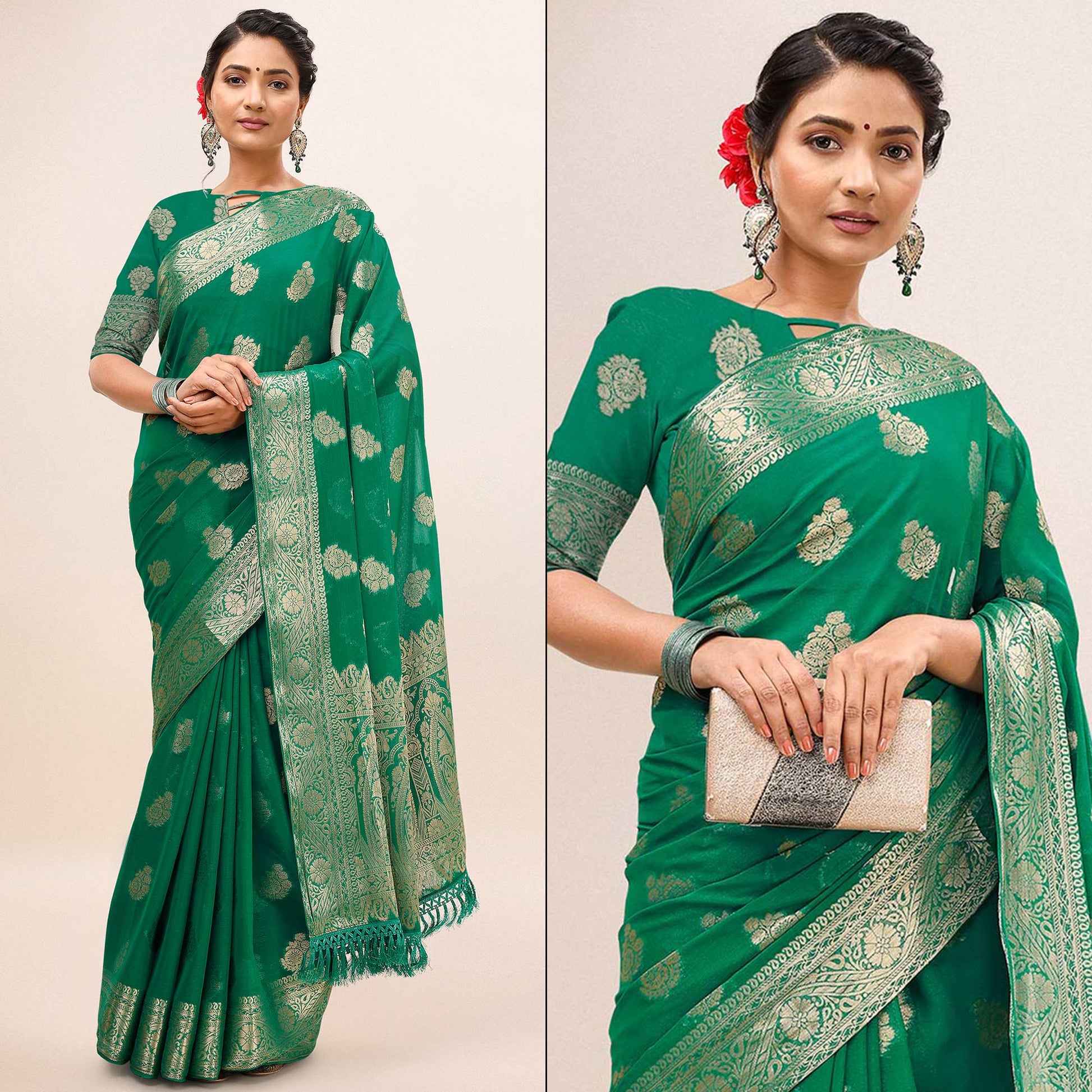 green-woven-chiffon-saree-with-tassels-1