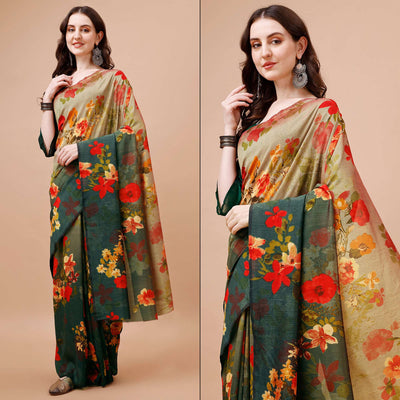 green-brown-floral-printed-vichitra-silk-saree