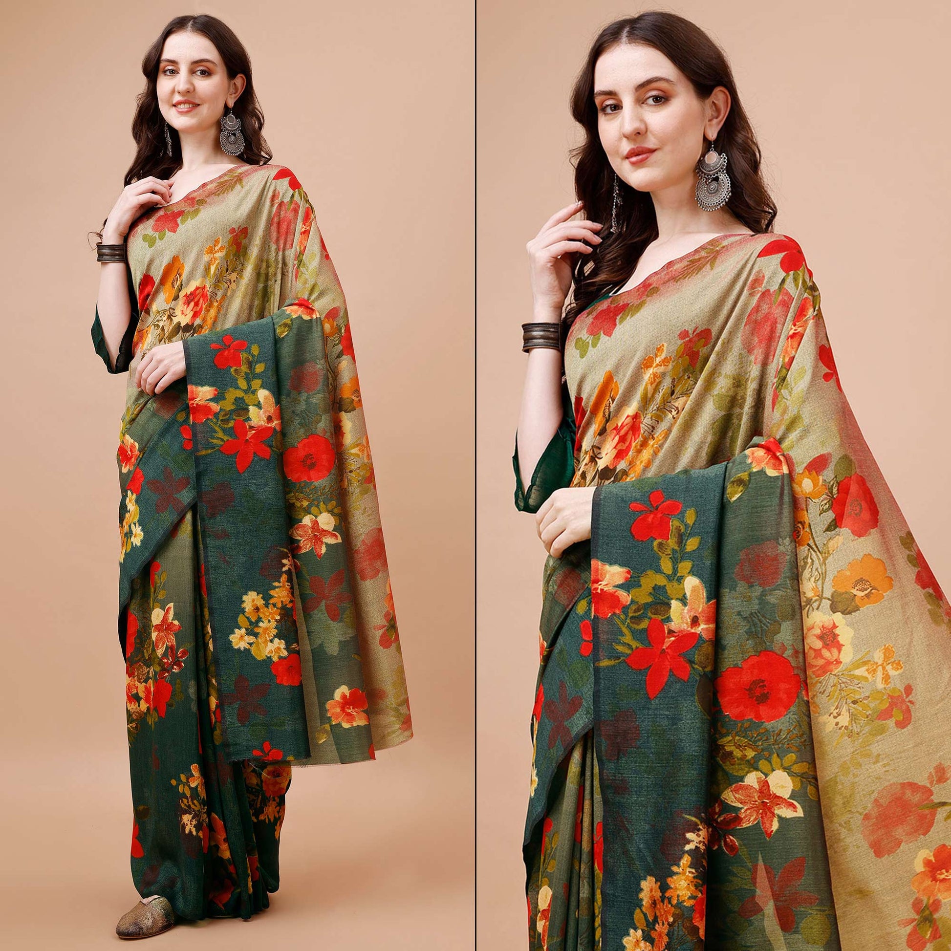 green-brown-floral-printed-vichitra-silk-saree