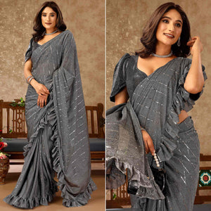 Grey Tikki Work Lycra Ready To Wear Ruffle Saree
