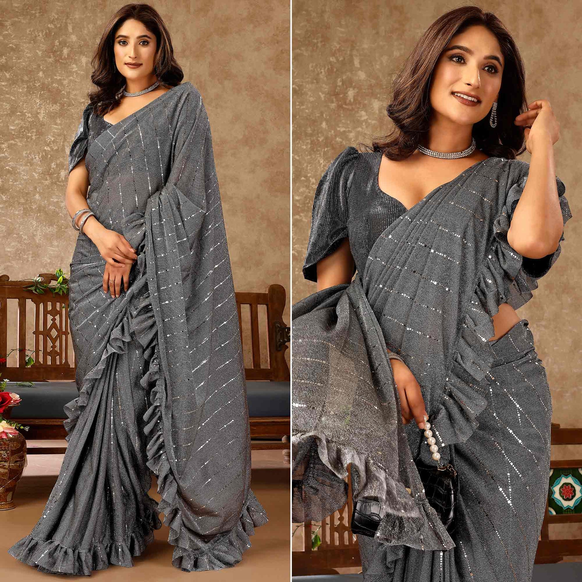 Grey Tikki Work Lycra Ready To Wear Ruffle Saree