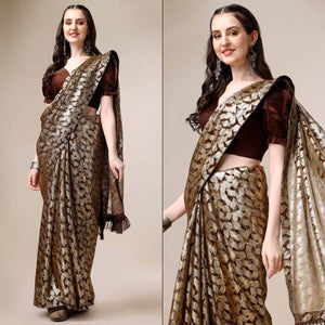 Brown & Gold Foil Printed Rayon Saree