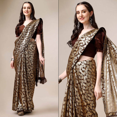 Brown & Gold Foil Printed Rayon Saree