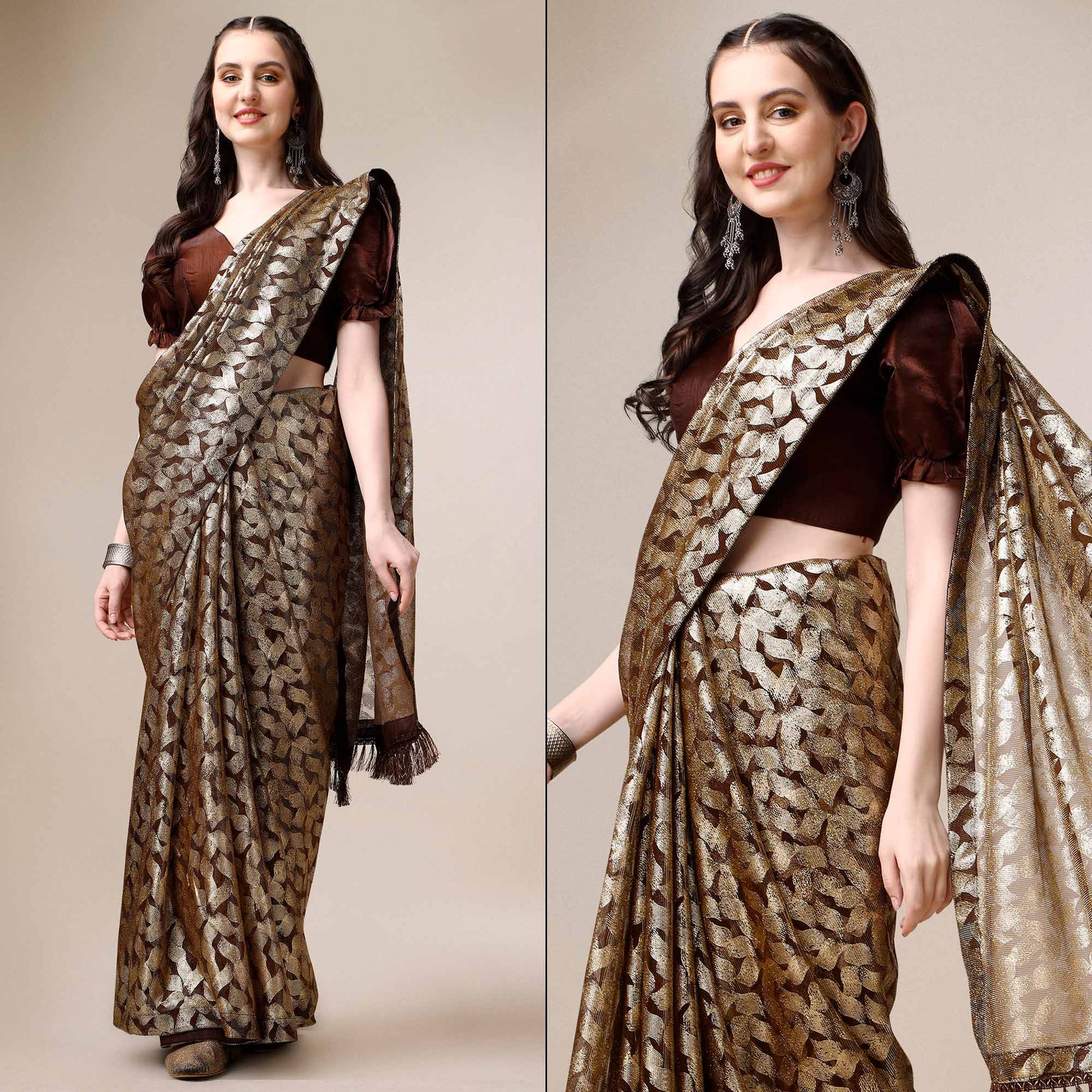 Brown & Gold Foil Printed Rayon Saree