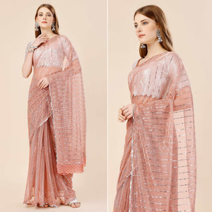 Light Brown Tikki Work Lycra Saree With Embroidered Border