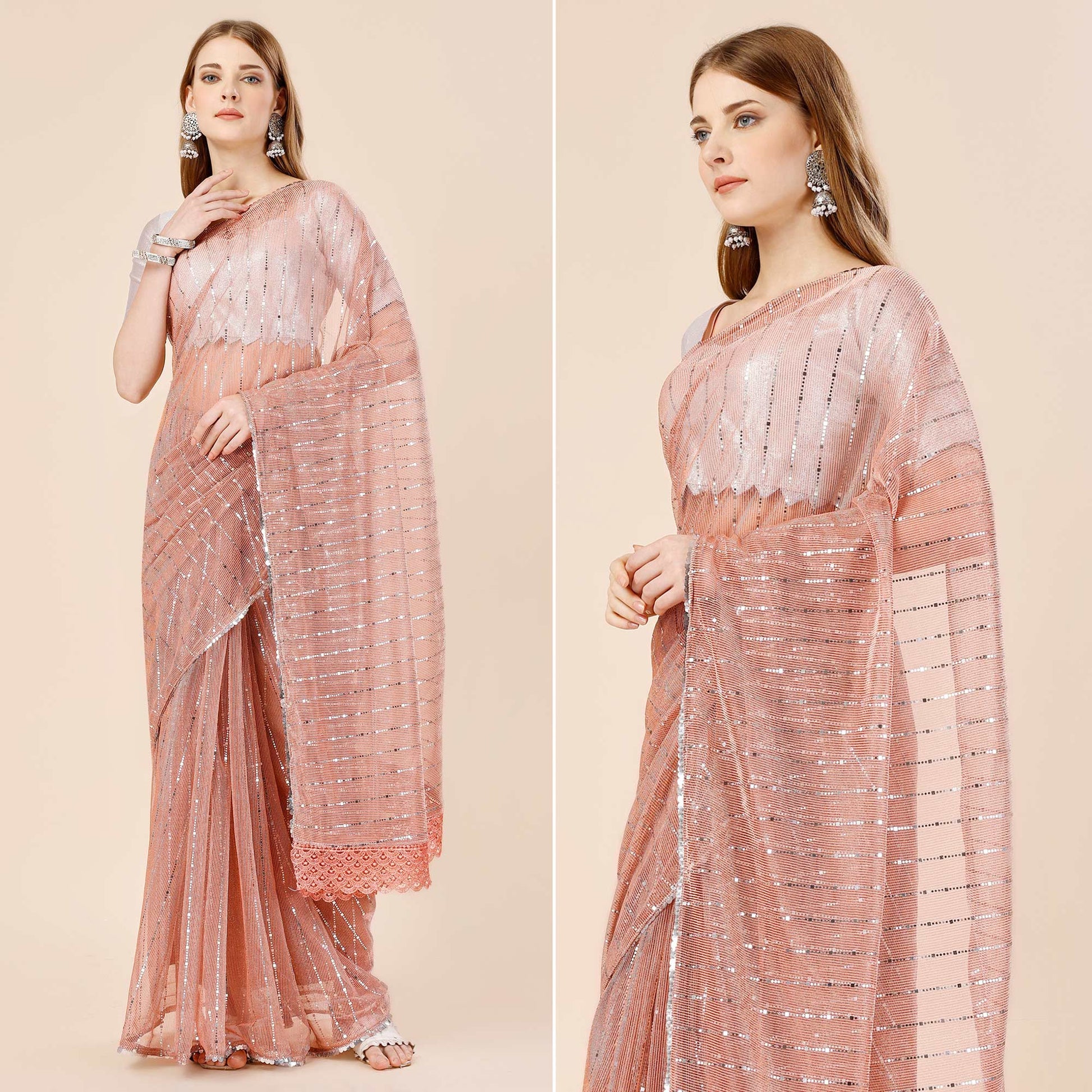 Light Brown Tikki Work Lycra Saree With Embroidered Border