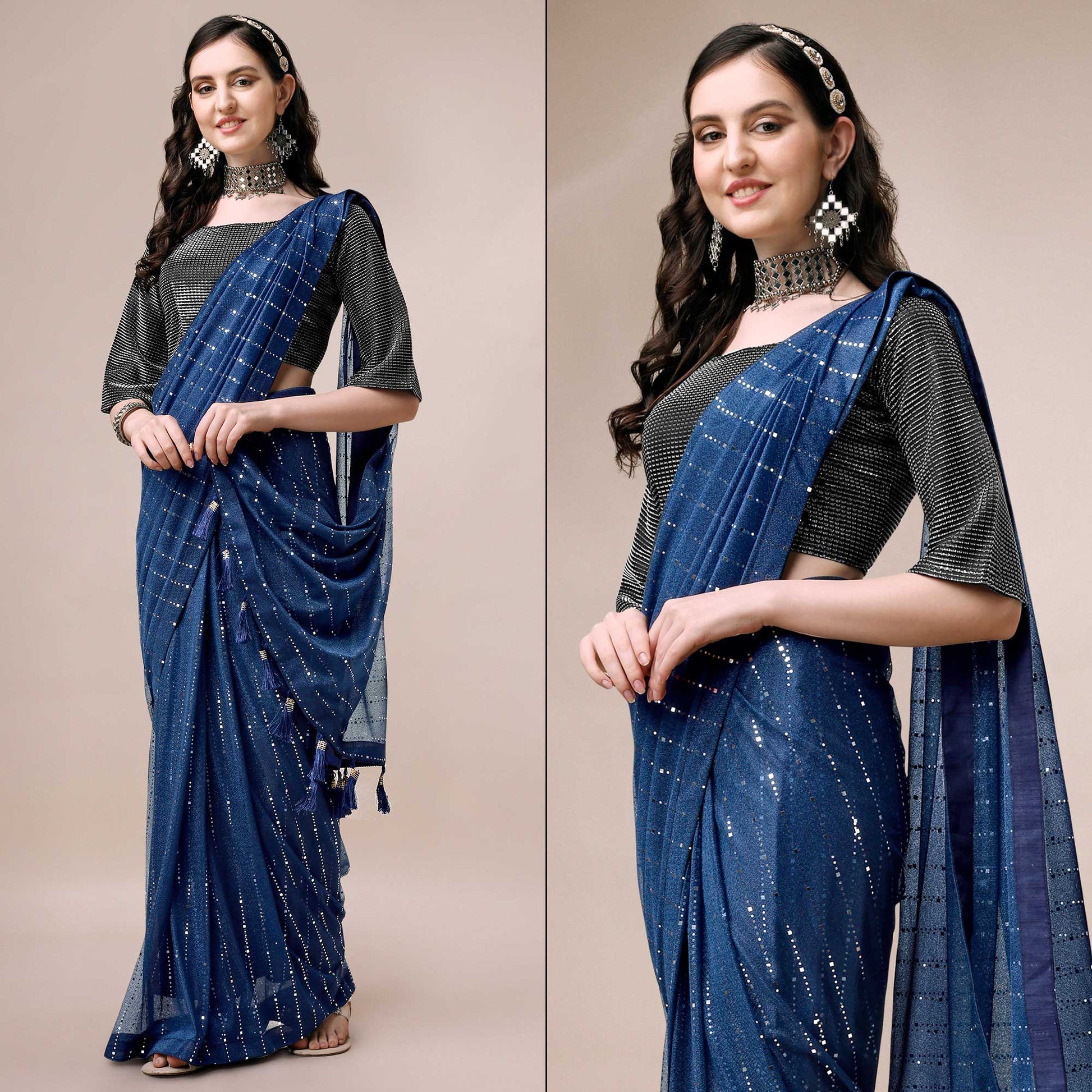 Blue Striped Foil Printed Rayon Saree