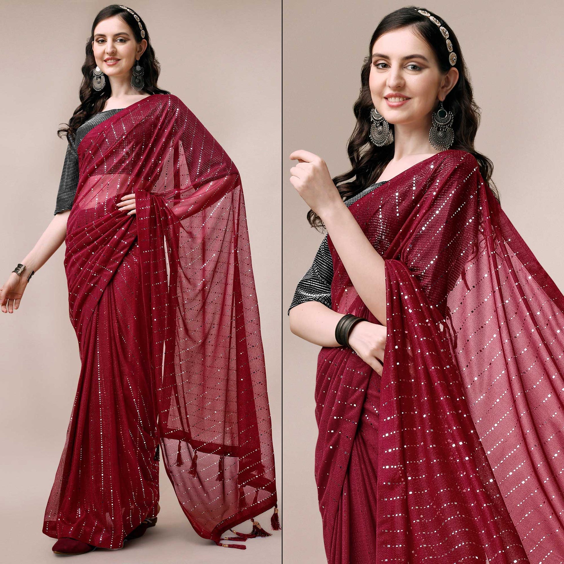 Maroon Striped Foil Printed Rayon Saree