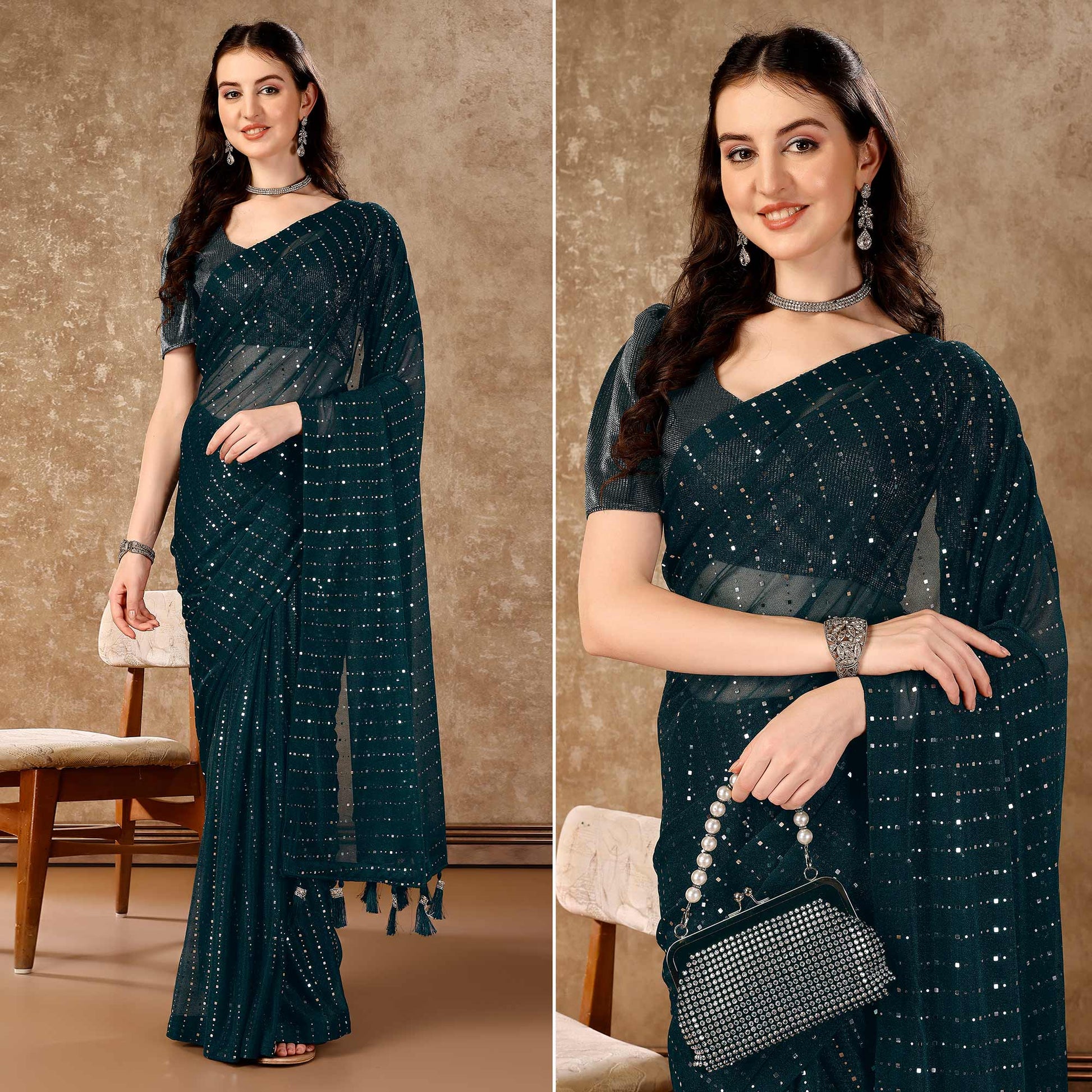 Bottle Green Tikali Work Lycra Saree With Tassels