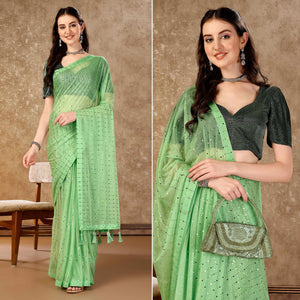 Light Green Tikali Work Lycra Saree With Tassels