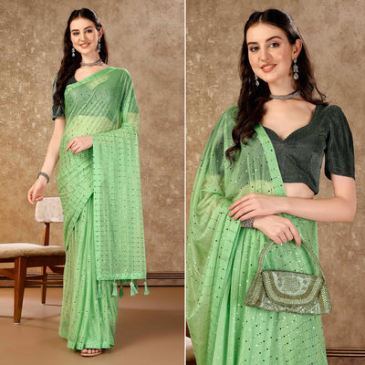 Light Green Tikali Work Lycra Saree With Tassels