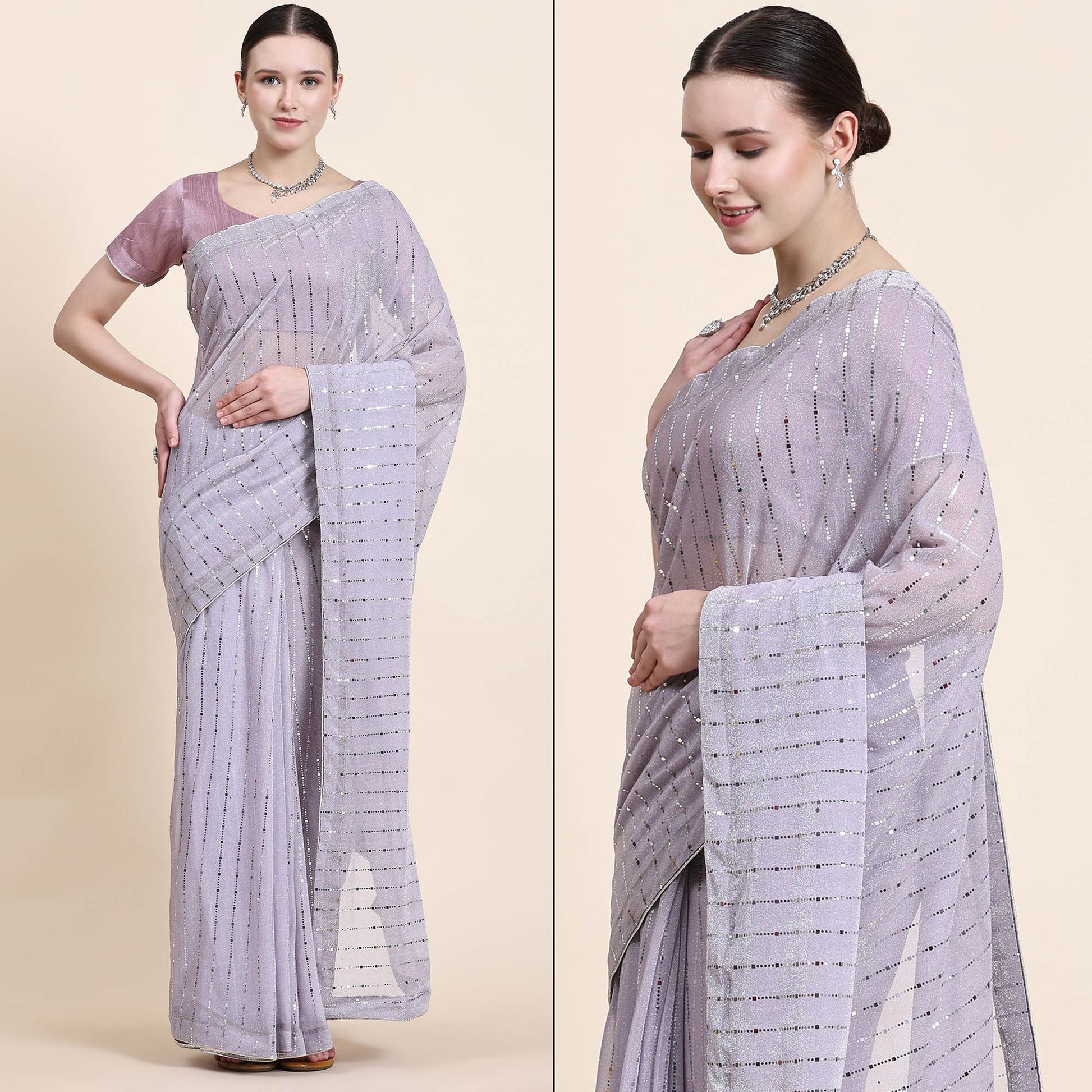 Lavender Tikali Work Lycra Saree