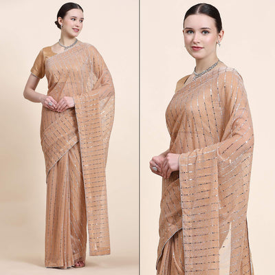 Light Peach Tikali Work Lycra Saree