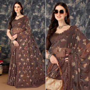 Brown Foil Printed Lycra Saree With Embroidered Lace Border