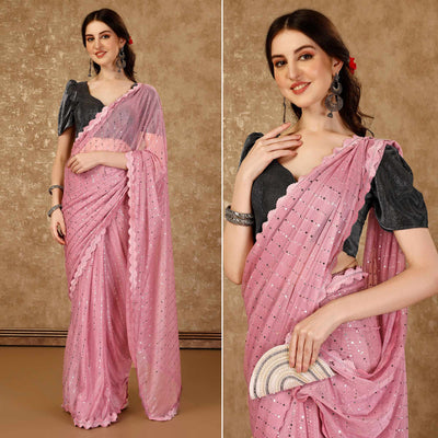 Light Pink Tikali With Swarovski Work Lycra Ready To Wear Saree