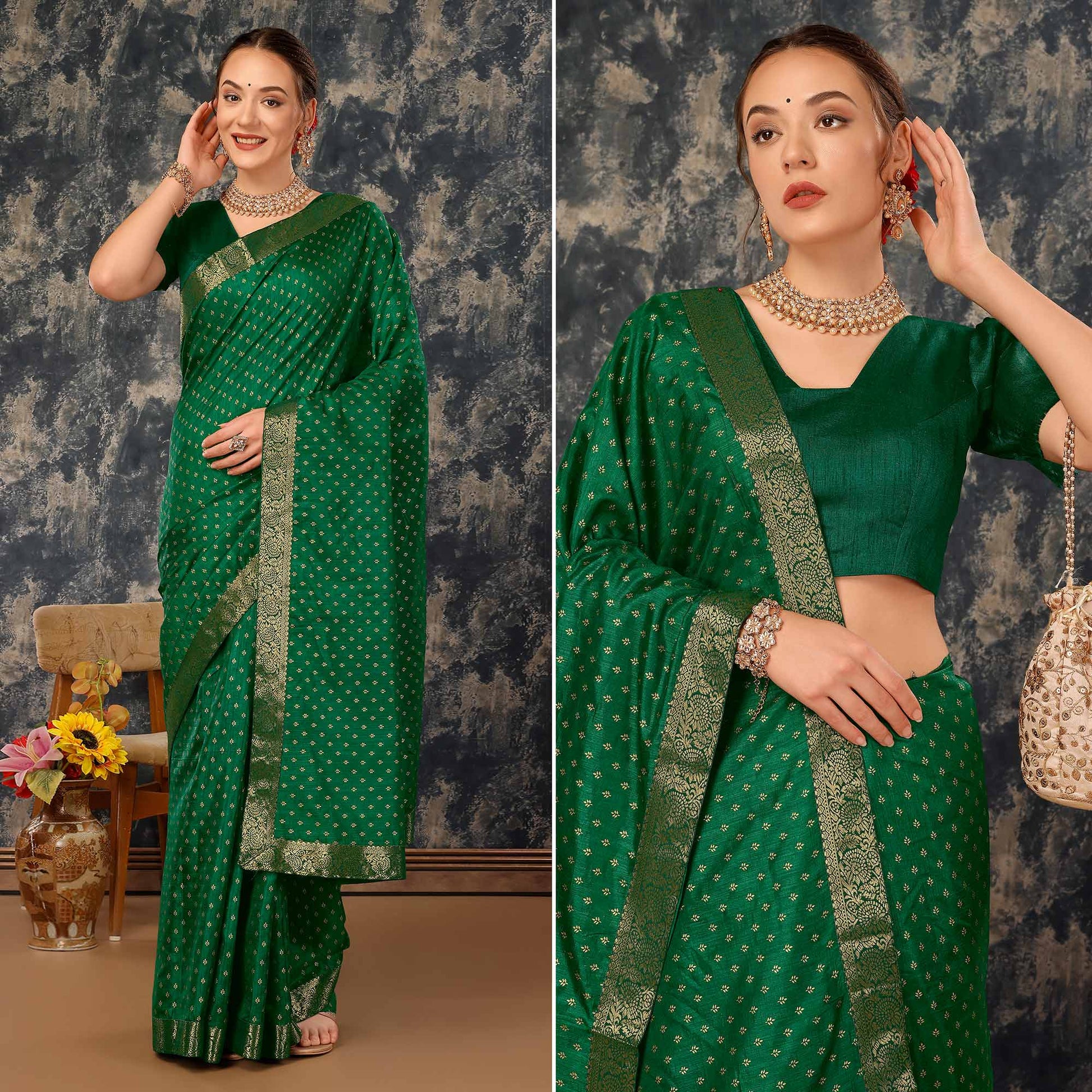 green-floral-foil-printed-vichitra-silk-saree-with-lace-border