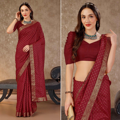 Dark Maroon Floral Foil Printed Vichitra Silk Saree With Lace Border