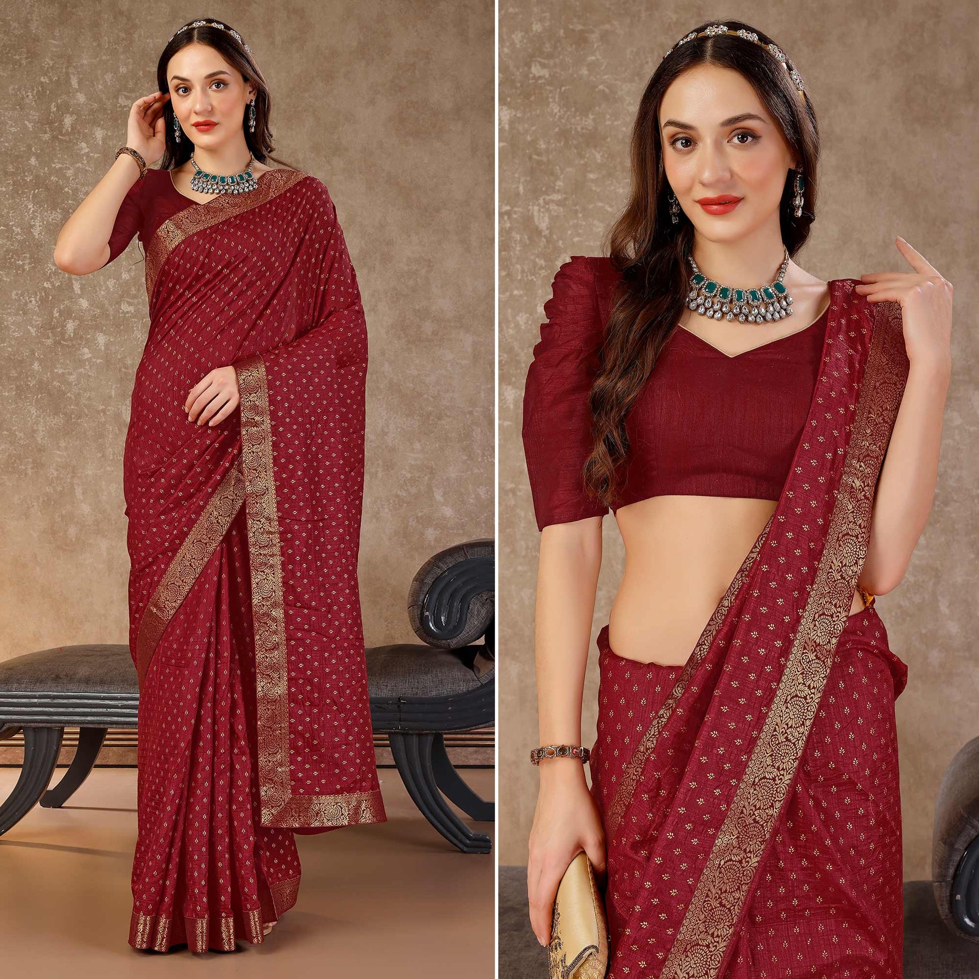 Dark Maroon Floral Foil Printed Vichitra Silk Saree With Lace Border