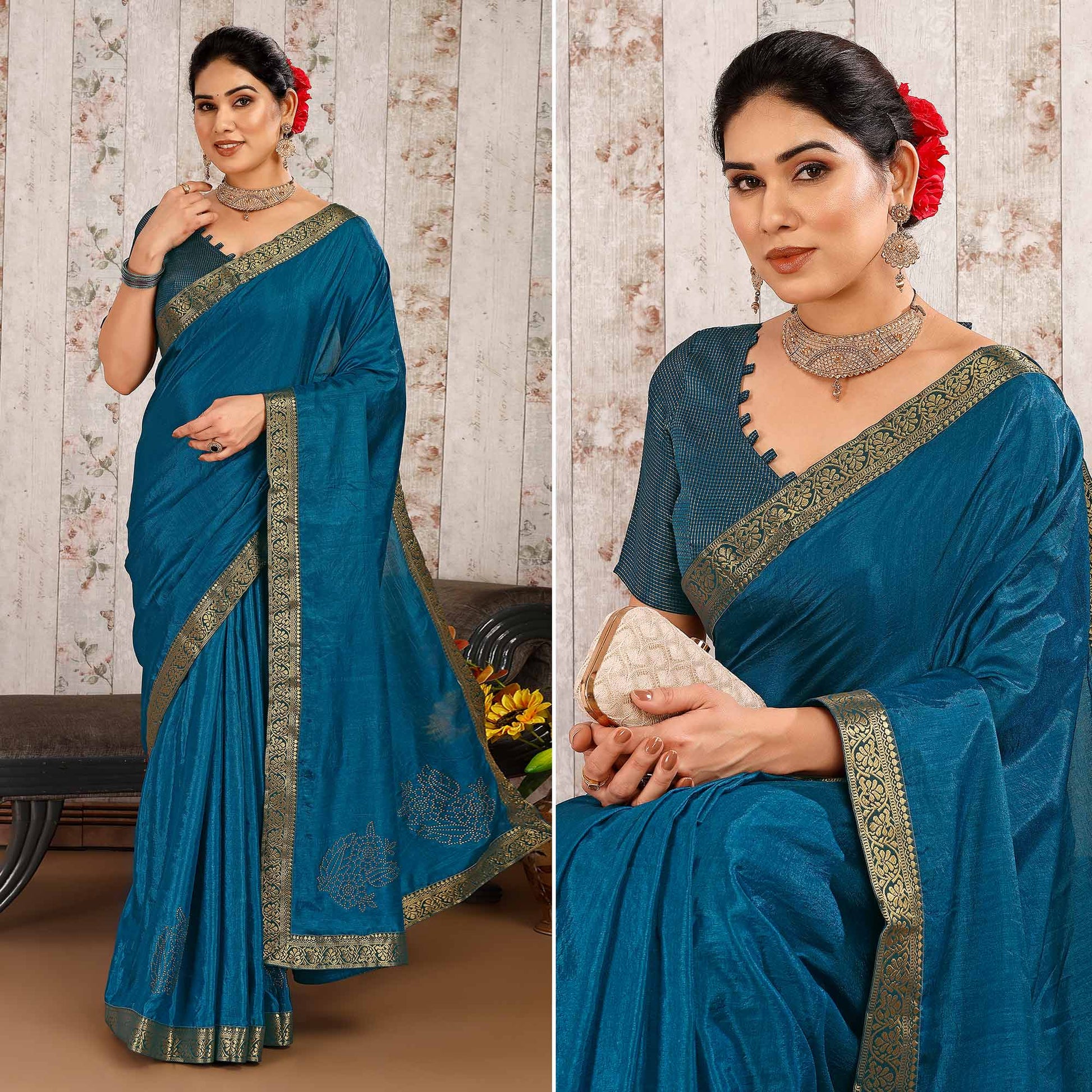 Morpich Floral Swarovski Work Vichitra Silk Saree With Lace Border