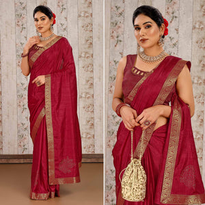 Maroon Floral Swarovski Work Vichitra Silk Saree With Lace Border