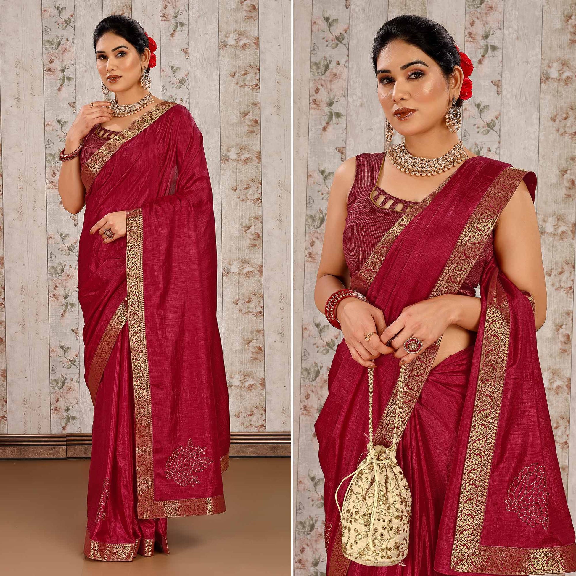 Maroon Floral Swarovski Work Vichitra Silk Saree With Lace Border