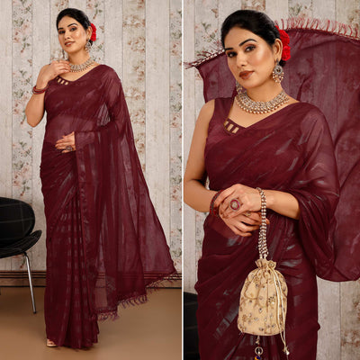 Maroon Swarovski Work Chiffon Saree With Tassels