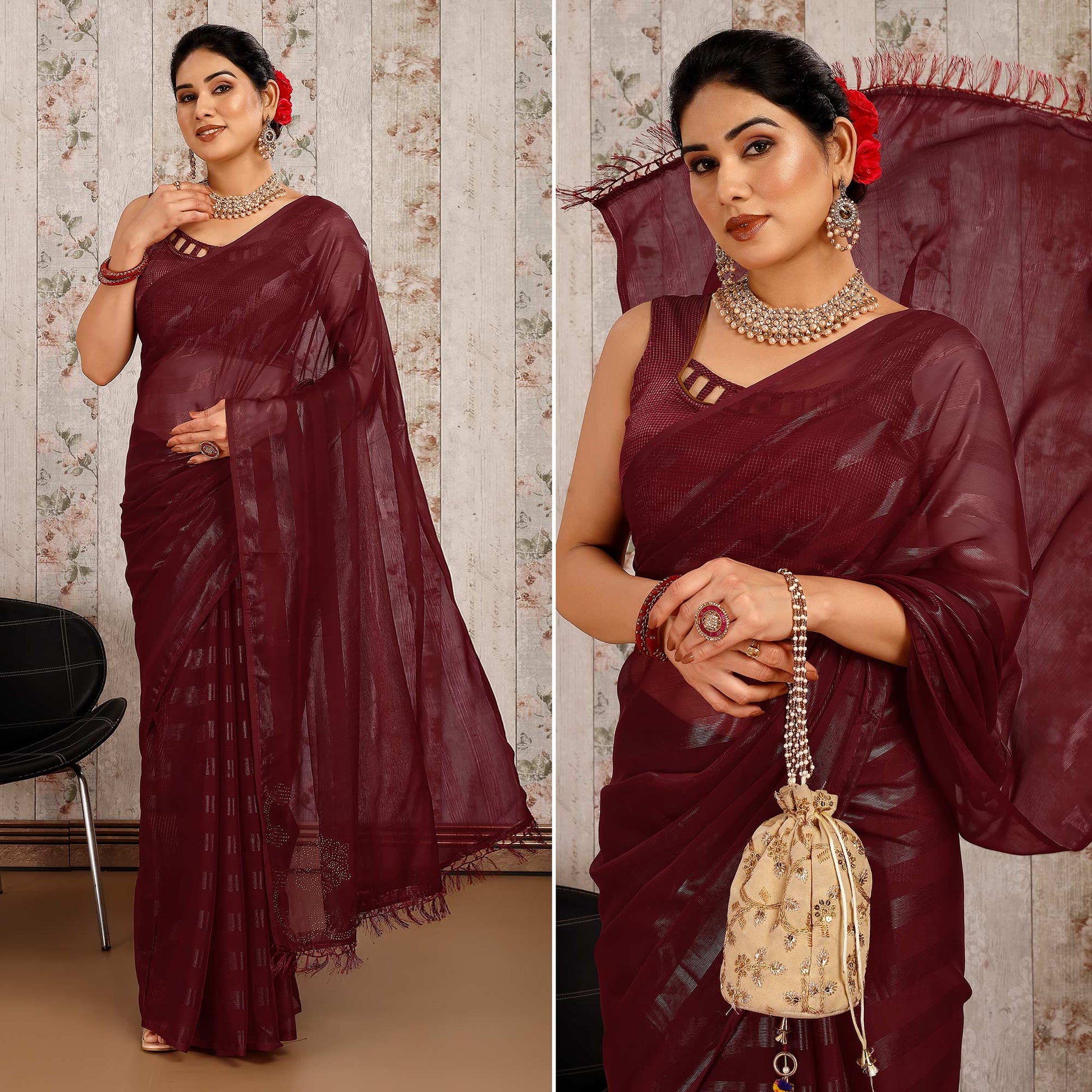 Maroon Swarovski Work Chiffon Saree With Tassels