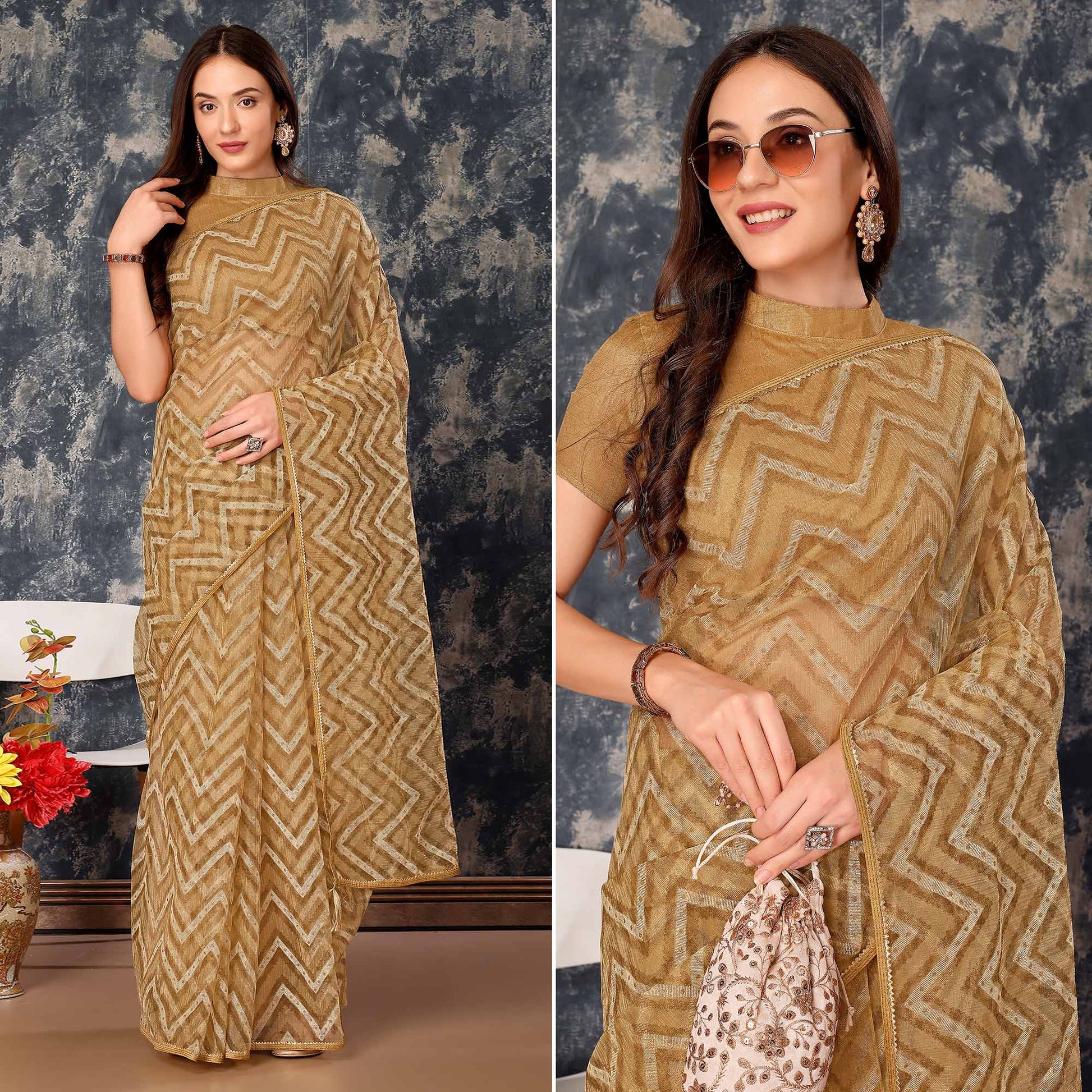 Chikoo Printed With Zari Work Cotton Silk Saree With Lace Border